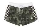 Stylish camo swim shorts with checkered side panels and a drawstring waist, perfect for active youth.