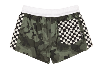 Stylish camo swim shorts with a checkered pocket, designed for kids who embrace a surf-snow-skate lifestyle.