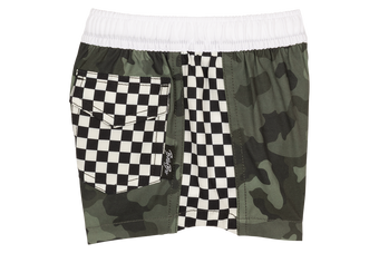 Stylish camo and checkerboard print shorts for kids, featuring an elastic waistband and a back pocket.