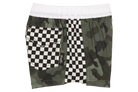 Stylish camo and checkerboard print shorts for kids, featuring an elastic waistband and a back pocket.