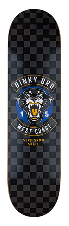 BinkyBro Wallenberg skateboard featuring a black and blue checkered design with a fierce panther graphic and "West Coast" text.
