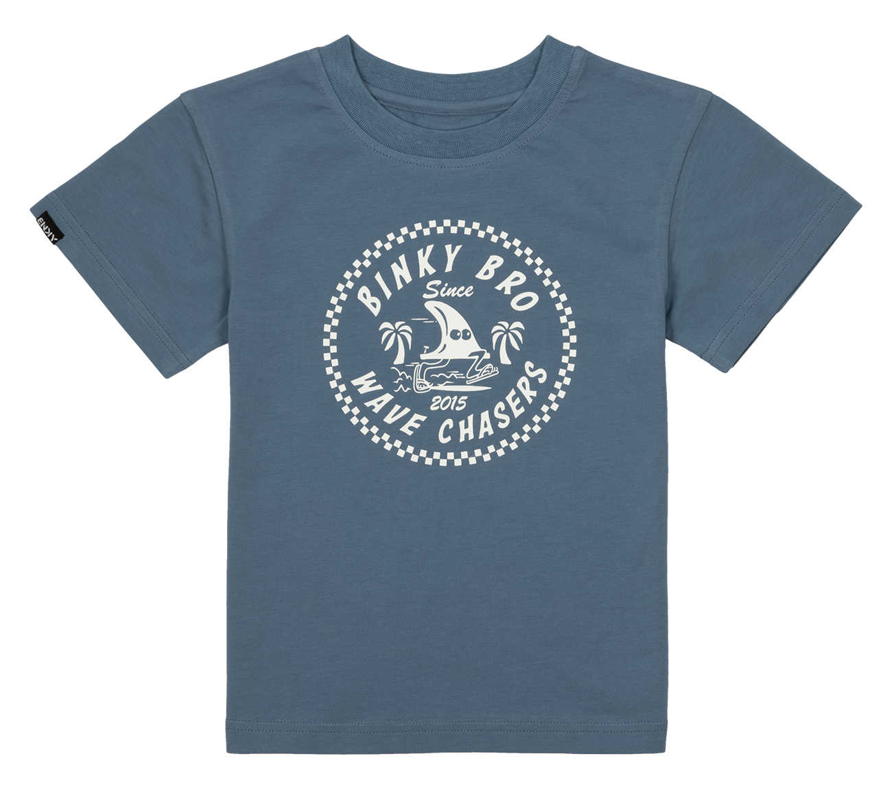 Blue toddler t-shirt featuring a circular graphic with "Binky Bro Wave Chasers" and a surfboard design, perfect for young adventurers.