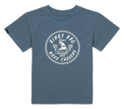 Blue toddler t-shirt featuring a circular graphic with "Binky Bro Wave Chasers" and a surfboard design, perfect for young adventurers.