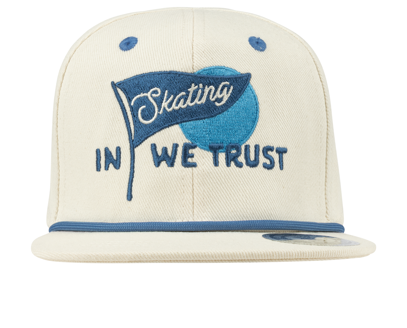 Cream snapback hat featuring a blue embroidered flag with the text "Skating In We Trust" for a stylish, youthful look.