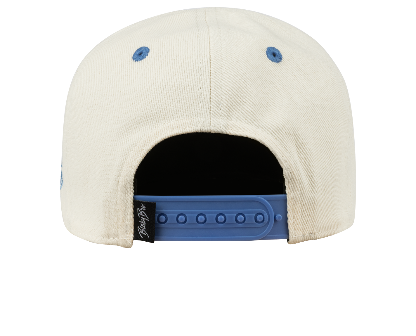 Back view of a cream snapback hat featuring a blue adjustable strap, showcasing a clean and stylish design.