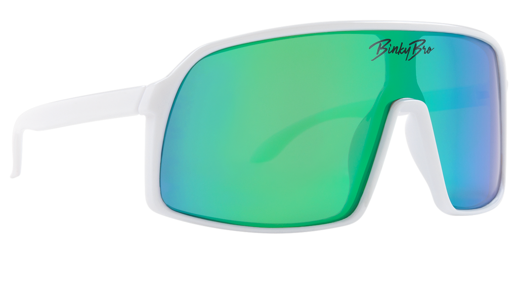 Our Monteverde Greeny sunglasses have white rims with a green reflective colored lens. Our BinkyBro signature logo is present on the top-middle of the lens. Size fits best for kids in the 18 months - 5 year range.