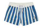 Stylish blue and white striped swim shorts with an elastic waistband and logo patch, perfect for summer adventures.