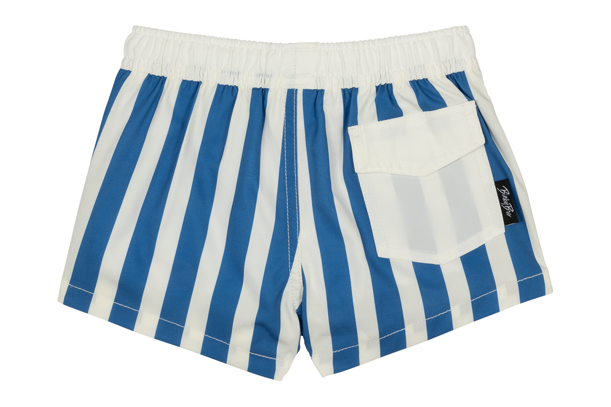 Blue and white striped swim trunks featuring an elastic waistband and a back pocket, designed for kids' summer fun.