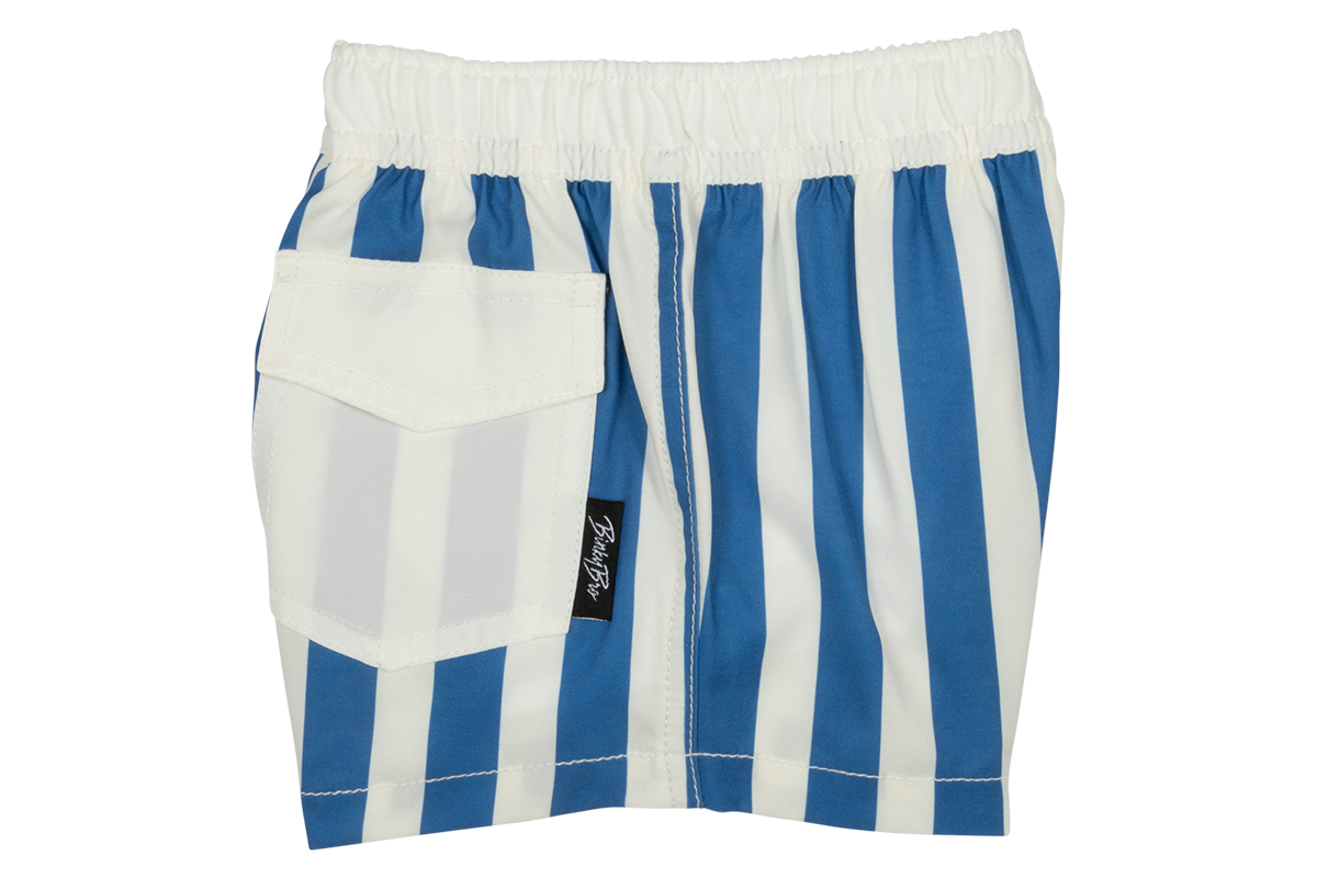 Blue and white striped swim trunks with an elastic waistband and a side pocket, designed for kids' summer wear.