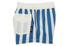 Blue and white striped swim trunks with an elastic waistband and a side pocket, designed for kids' summer wear.