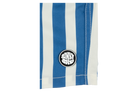 Blue and white striped fabric featuring a circular BinkyBro logo patch, showcasing stylish beachwear for kids.