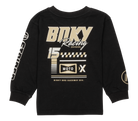 Black long-sleeve shirt featuring BNKY Racing Division graphics and logo, designed for kids with a sporty style.