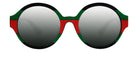 Stylish round sunglasses with a bold black frame and green and red striped accents, featuring mirrored lenses.
