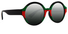 Stylish round sunglasses with black frames and green-red accents, featuring dark tinted lenses for a trendy look.