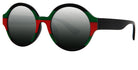Stylish round sunglasses with black frames and red-green striped detailing, featuring dark lenses for UV protection.