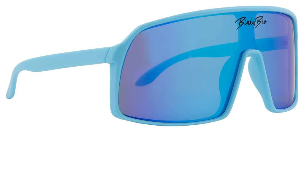 Our Monteverde Sky sunglasses have blue rims with a sky blue colored reflective lens. Our BinkyBro signature logo is present on the top-middle of the lens. Size fits best for kids in the 18 months - 5 year range.