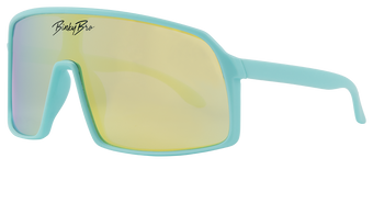 Teal sunglasses with a large, wraparound design and yellow-tinted lenses, ideal for outdoor adventures.