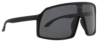 Sleek black sunglasses with a modern design, featuring large lenses and sturdy frames for a stylish look.