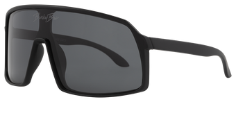 Sleek black sunglasses with a modern design, featuring large lenses and a sturdy frame, ideal for outdoor activities.