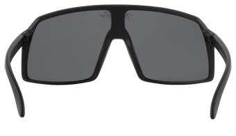 Sleek black sunglasses with a bold, angular frame and dark lenses, perfect for stylish outdoor adventures.