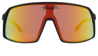 Sleek black-framed sunglasses with orange-tinted lenses, perfect for active kids embracing a surf-snow-skate lifestyle.