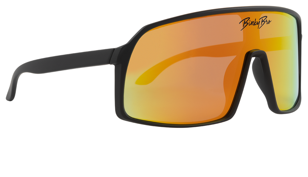 Our Monteverde Tiger sunglasses have black rims with a tiger colored reflective lens. Our BinkyBro signature logo is present on the top-middle of the lens. Size fits best for kids in the 18 months - 5 year range.