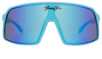 Stylish blue-tinted sunglasses with a large frame, designed for kids, featuring a sporty look and BinkyBro branding.