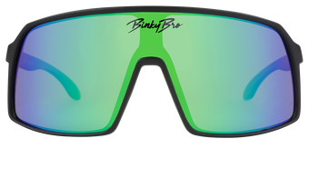Stylish black sunglasses with green and blue mirrored lenses, designed for kids, featuring the BinkyBro logo.