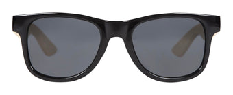 Stylish black sunglasses with gray lenses and bamboo accents, perfect for a trendy outdoor look. Ideal for kids and youth.