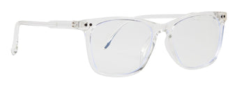 Clear blue light glasses with a modern rectangular frame designed to reduce eye strain from screens.